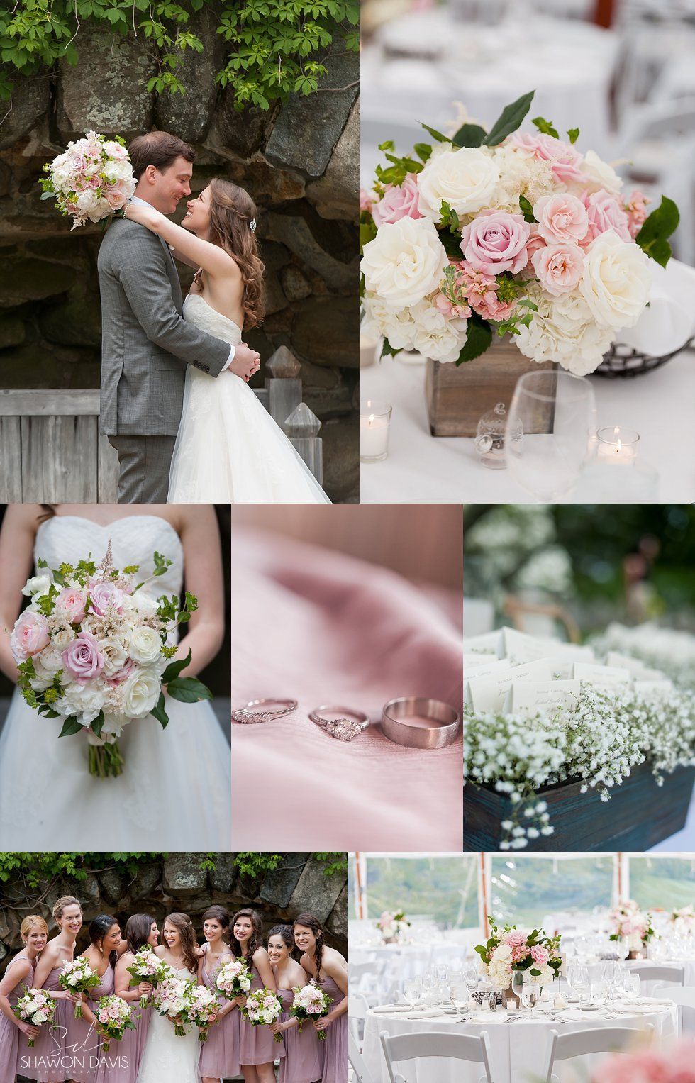 Wedding collage with couple, blush floral bouquet, rings, and outdoor ceremony details
