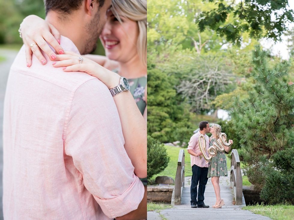 Couple embracing outdoors in a garden, with a close-up and a small full-body view in the background.