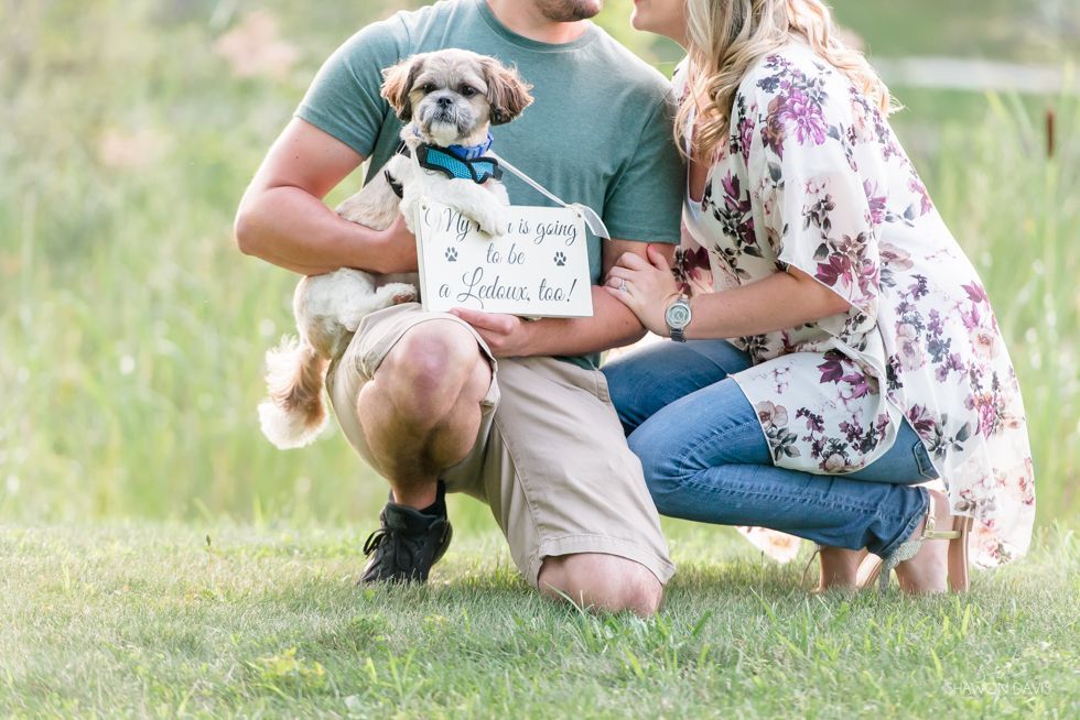 Couple kneeling in a grassy field holding a small dog with a sign reading “Will you marry me?”