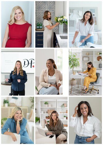 Nine-panel collage of women posing in bright indoor home and office settings, wearing colorful outfits