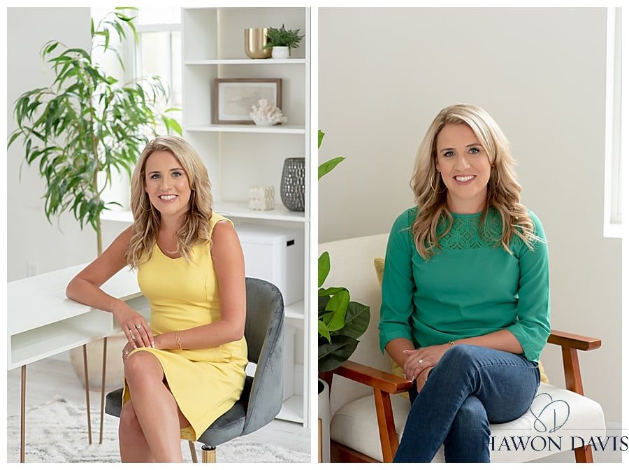 Two side-by-side portraits of a smiling woman in a bright home office, wearing yellow and green outfits.