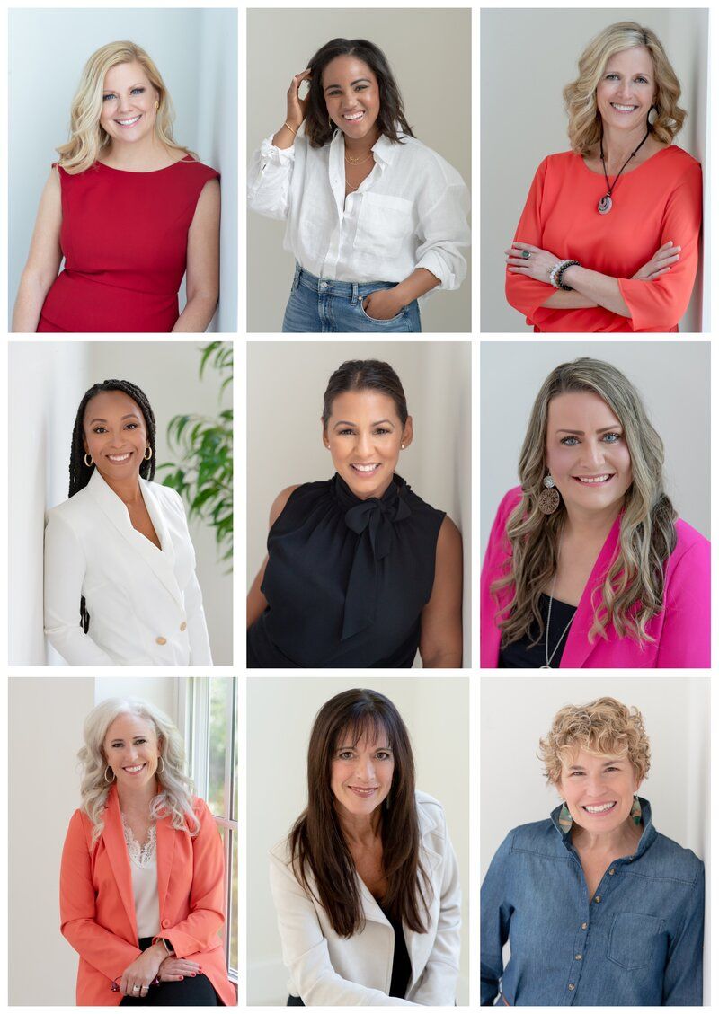 Nine professional headshots of women in business attire arranged in a 3x3 collage.