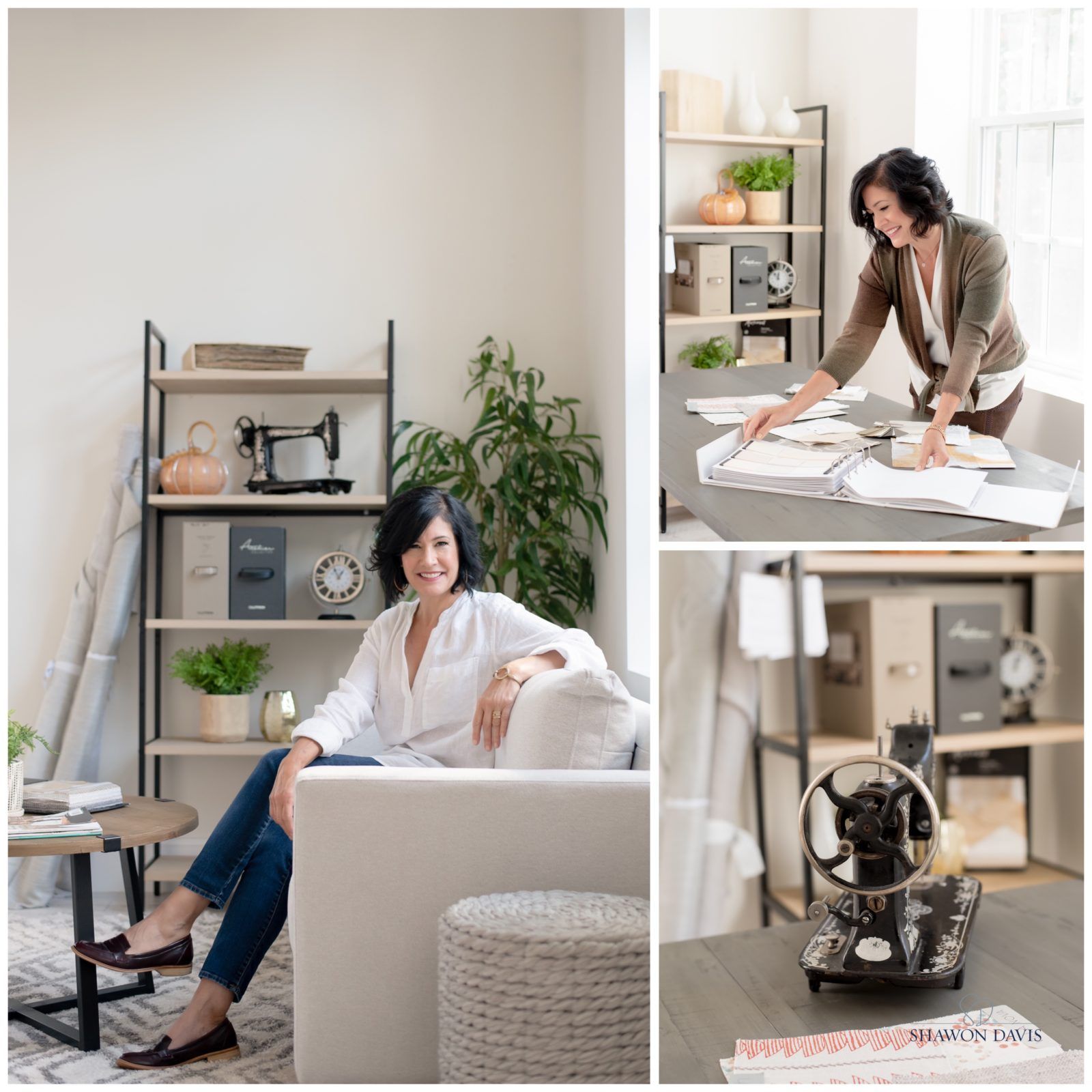 Woman in a home office and craft workspace, ironing fabric beside shelves and a vintage sewing machine.