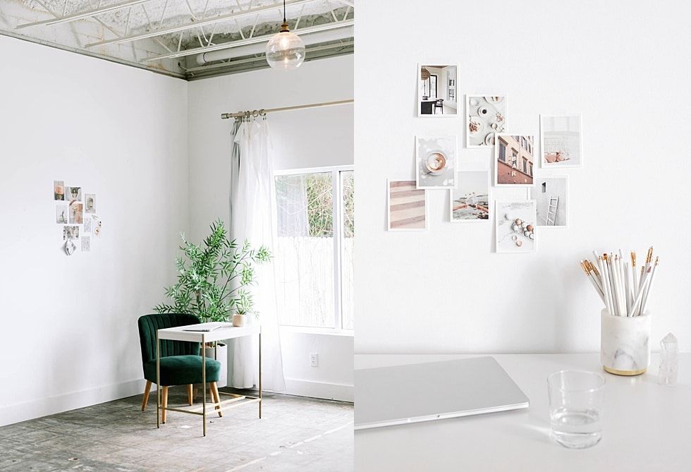 Minimal white workspace with desk, chair, plant, and wall photo collage near a bright window