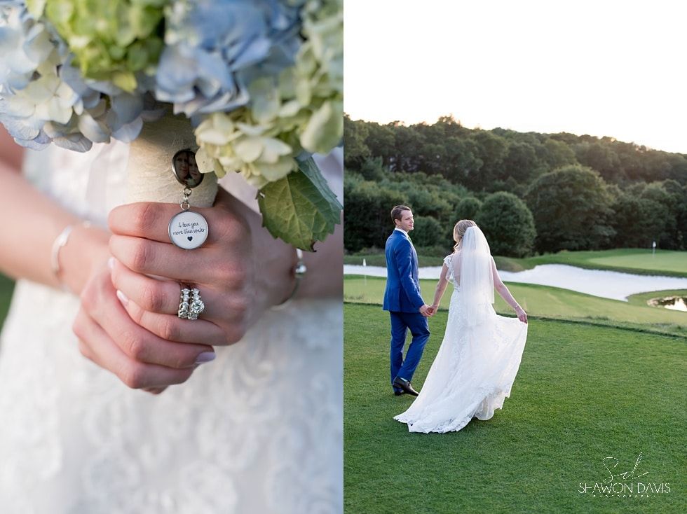 Wedding couple holding hands by a lake, with close-up of bouquet and rings in foreground