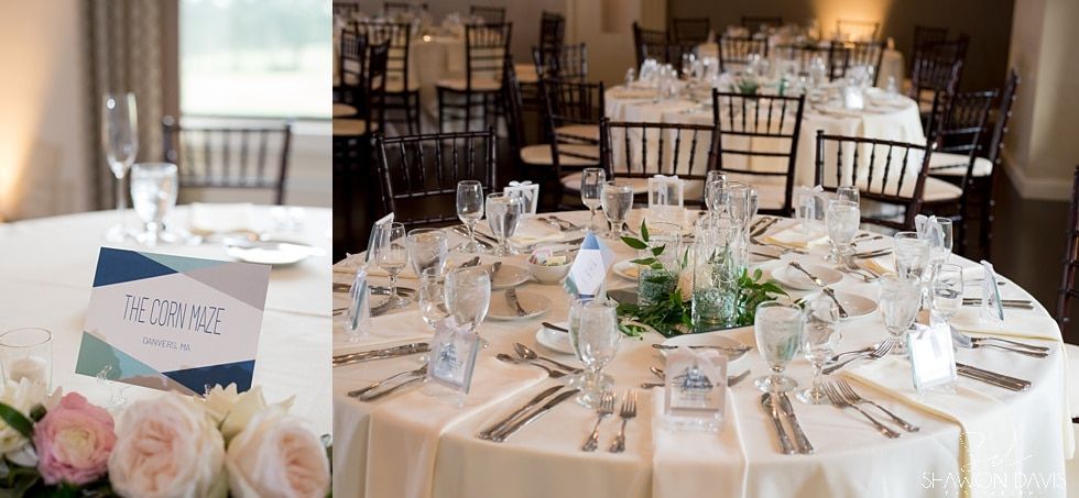 Decorated banquet tables with white linens, floral centerpieces, and black chairs in a reception hall