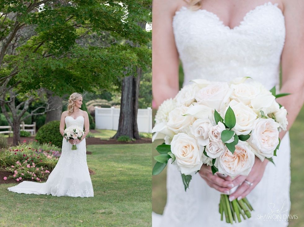 Bride in white wedding dress holding a bouquet in a garden, with a close-up bouquet view on the right