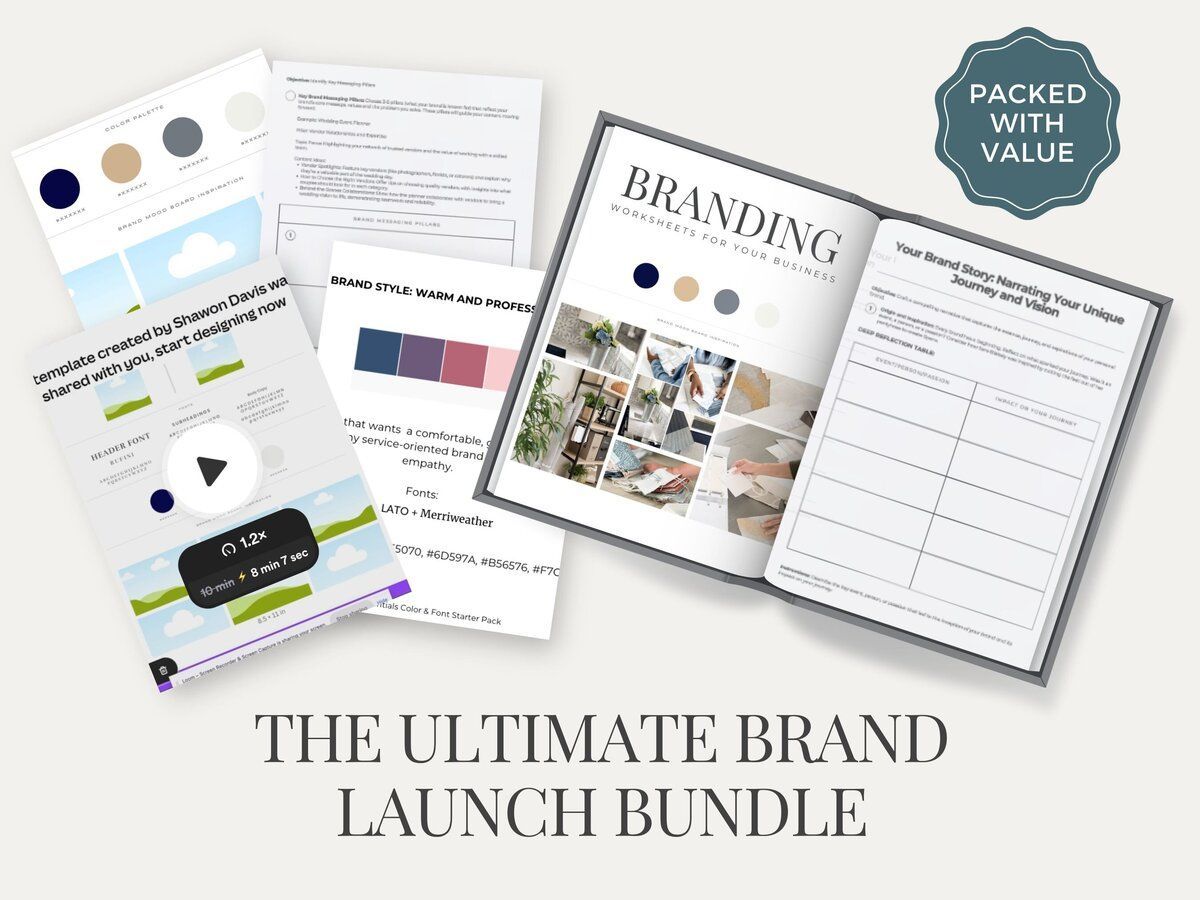 Branding launch bundle mockup with workbook pages, color palette, social media templates, and “packed with value” badge