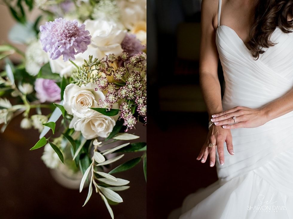 Wedding bouquet beside a bride in a white dress, with lavender and white flowers