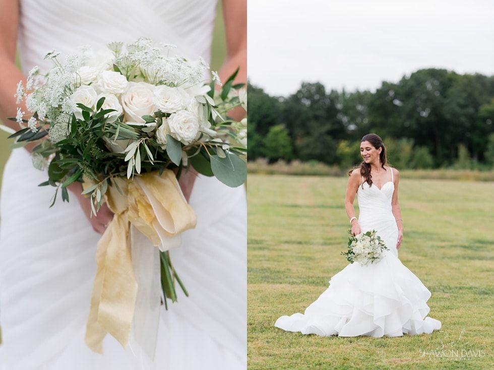 Bride in white dress holding bouquet in a grassy field, with a close-up of the bouquet on the left.