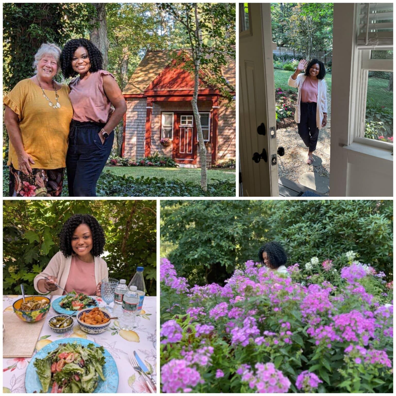 Four-panel collage of a woman posing outdoors, dining outside, and standing in a garden of pink flowers