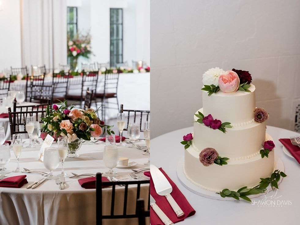 Wedding reception table with a white tiered cake, pink flowers, and elegant floral centerpieces