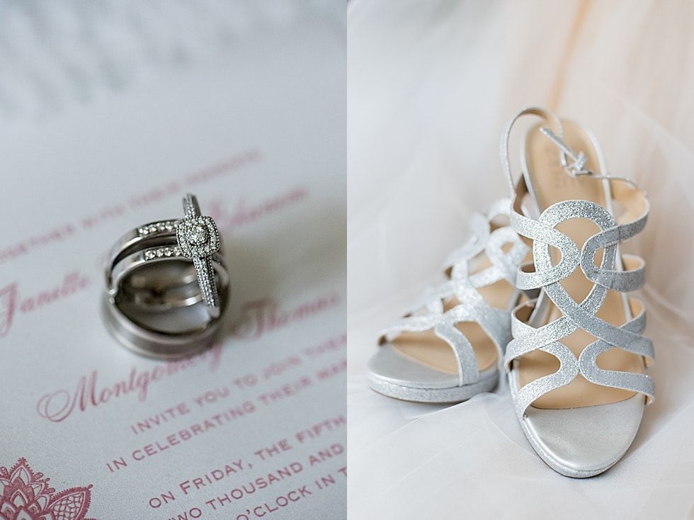 Silver bridal ring and white lace-up high-heeled sandal on a soft pastel background