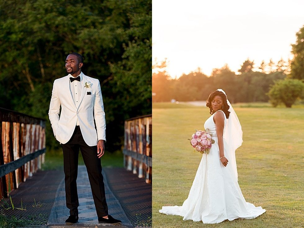 Wedding couple portraits on a bridge at sunset, with groom in white tux and bride in white gown holding bouquet