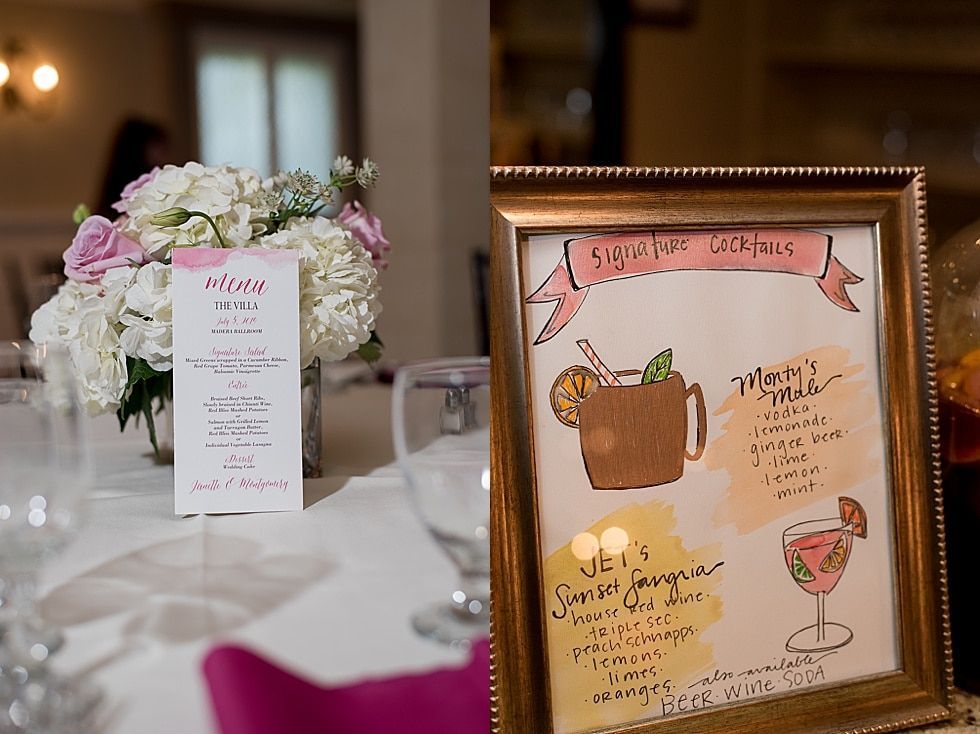 Framed dessert table sign beside pink-and-white floral centerpiece on a decorated reception table