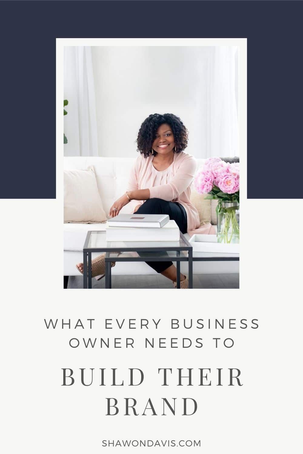 Business owner seated on a sofa with laptop, beside pink flowers, under the title “Build Their Brand”