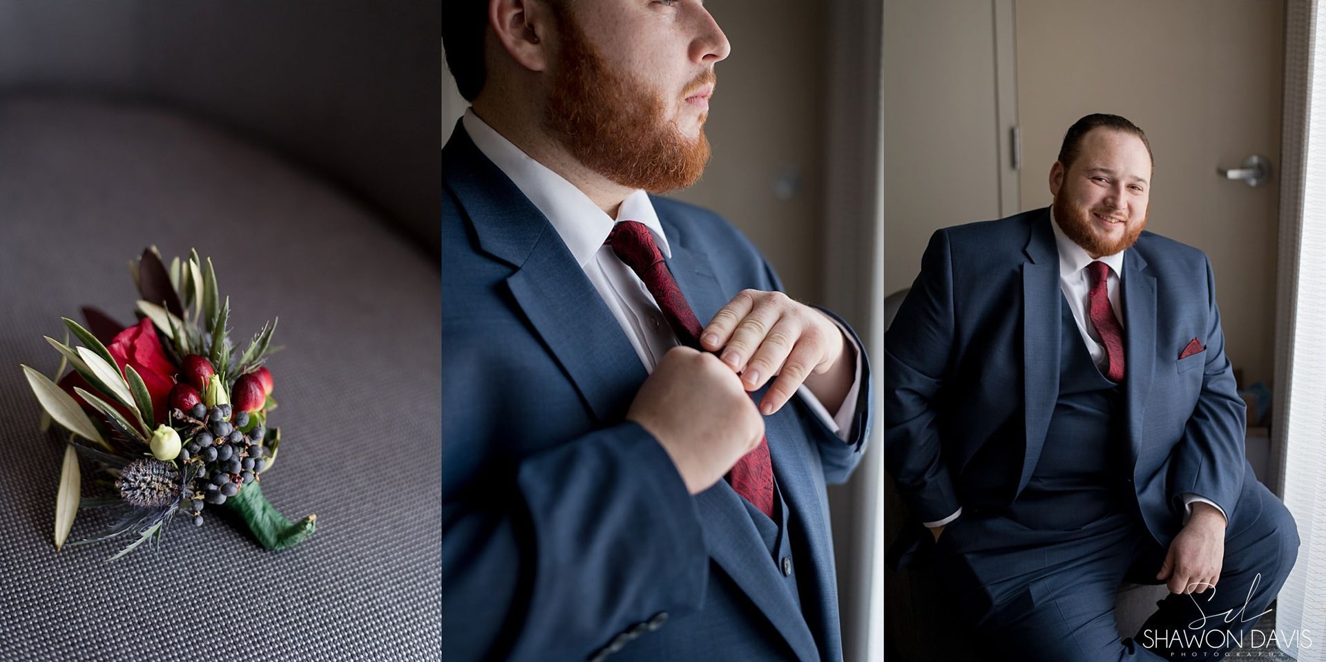 Wedding details and groom preparing, with boutonniere and seated in a suit