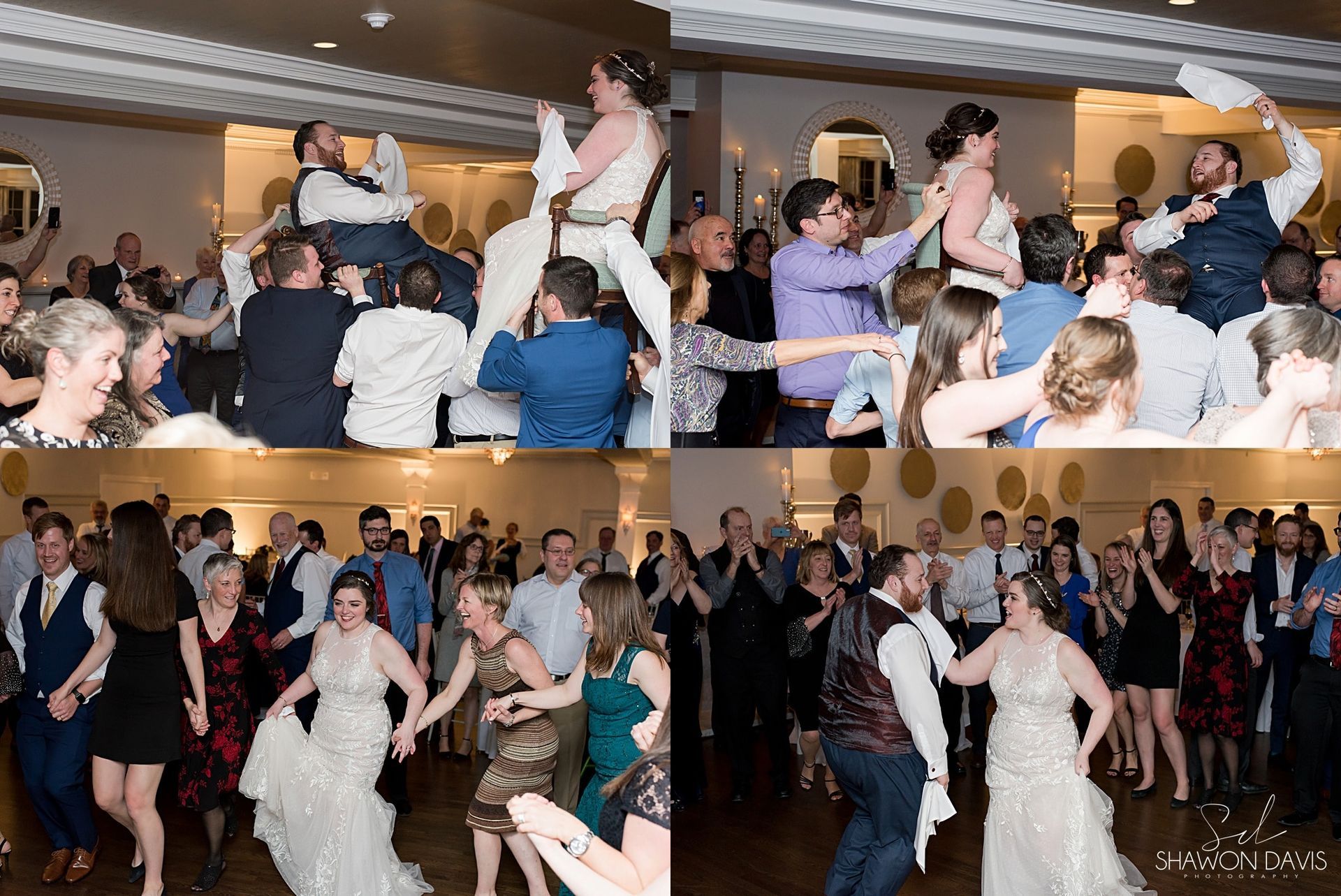 Wedding reception dance floor with bride and guests dancing and cheering in a crowded hall
