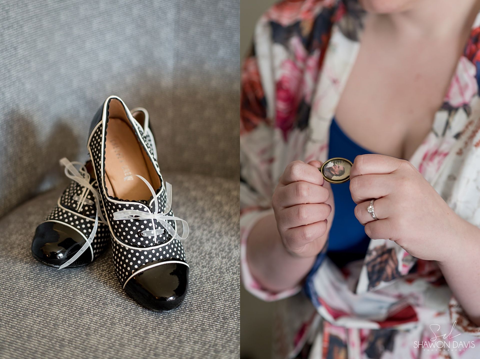 Decorated baby shoes beside hands holding a ring on a couch