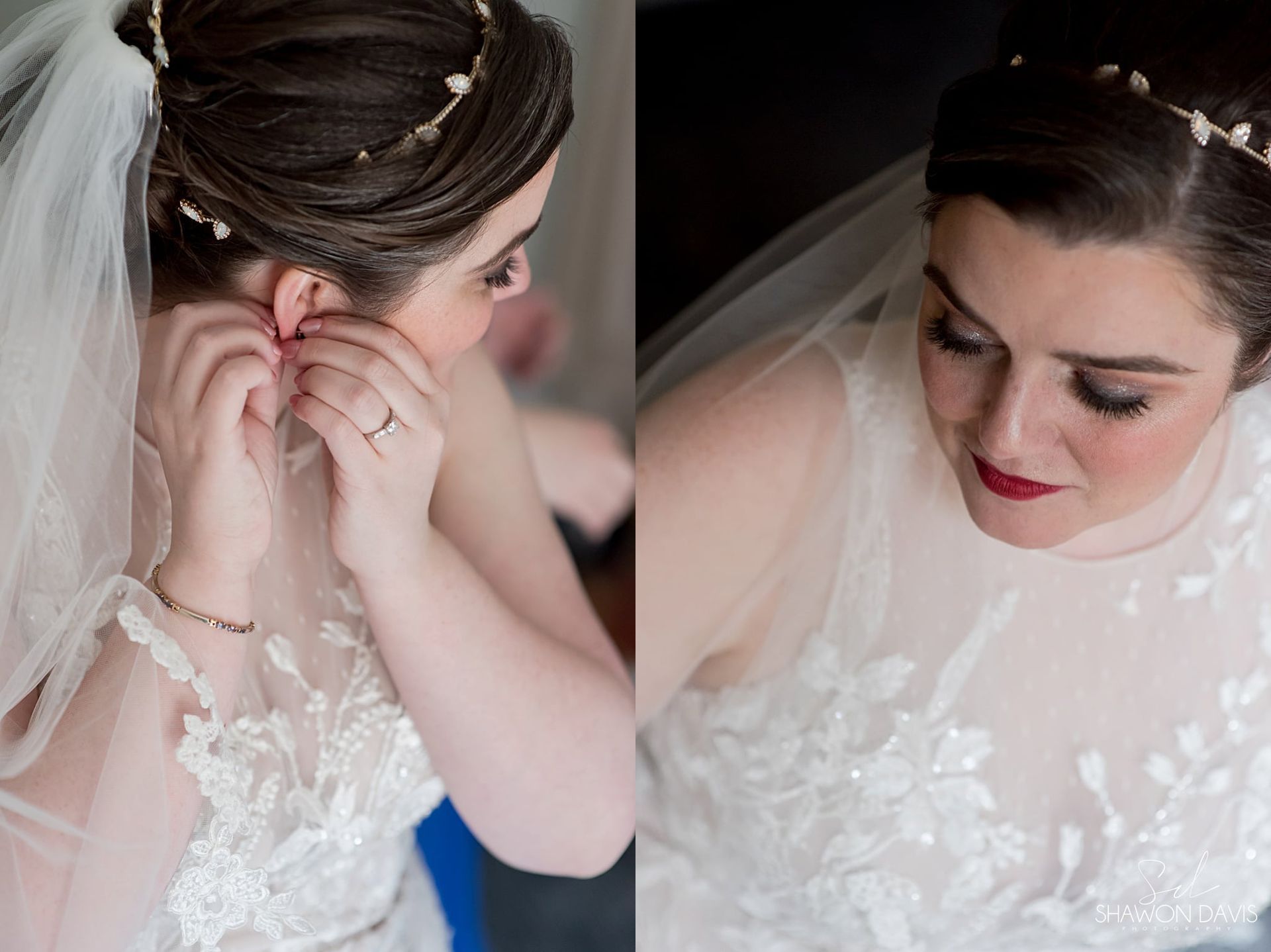 Bride helping another woman adjust her earring while both wear white lace wedding dresses