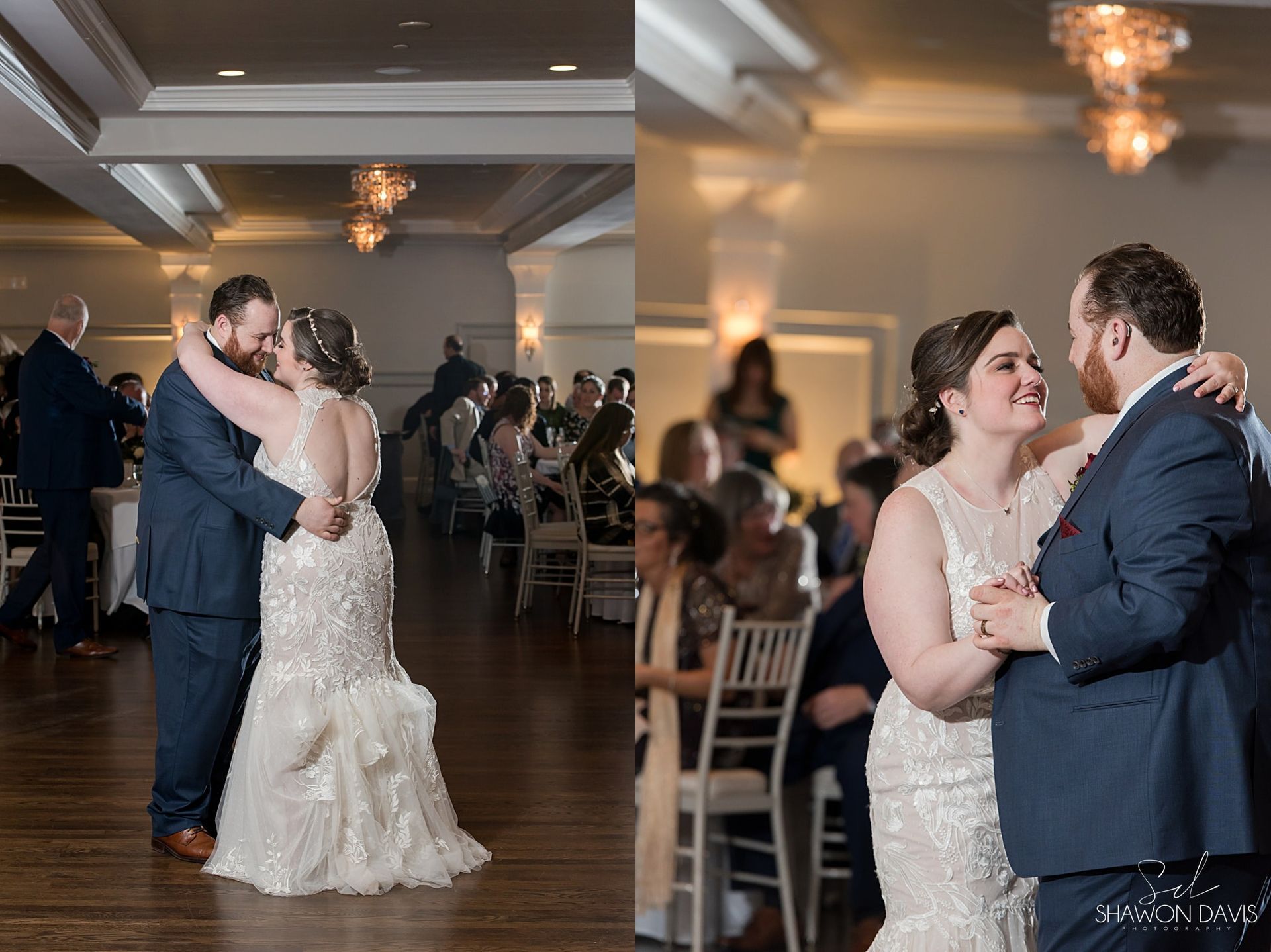 Couple slow dancing at a wedding reception in a warmly lit banquet hall