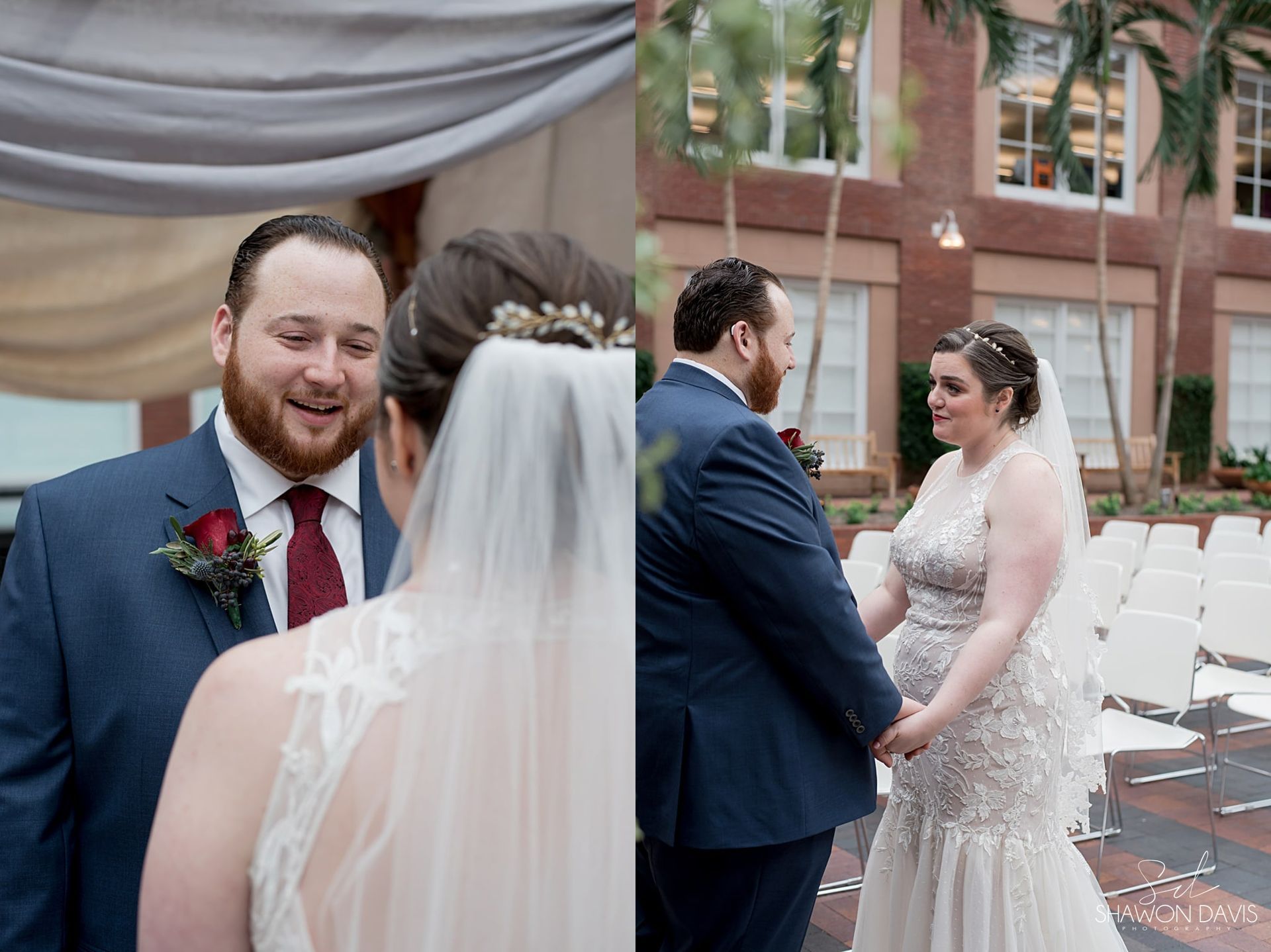 Bride and groom exchanging vows under a wedding canopy with guests seated nearby