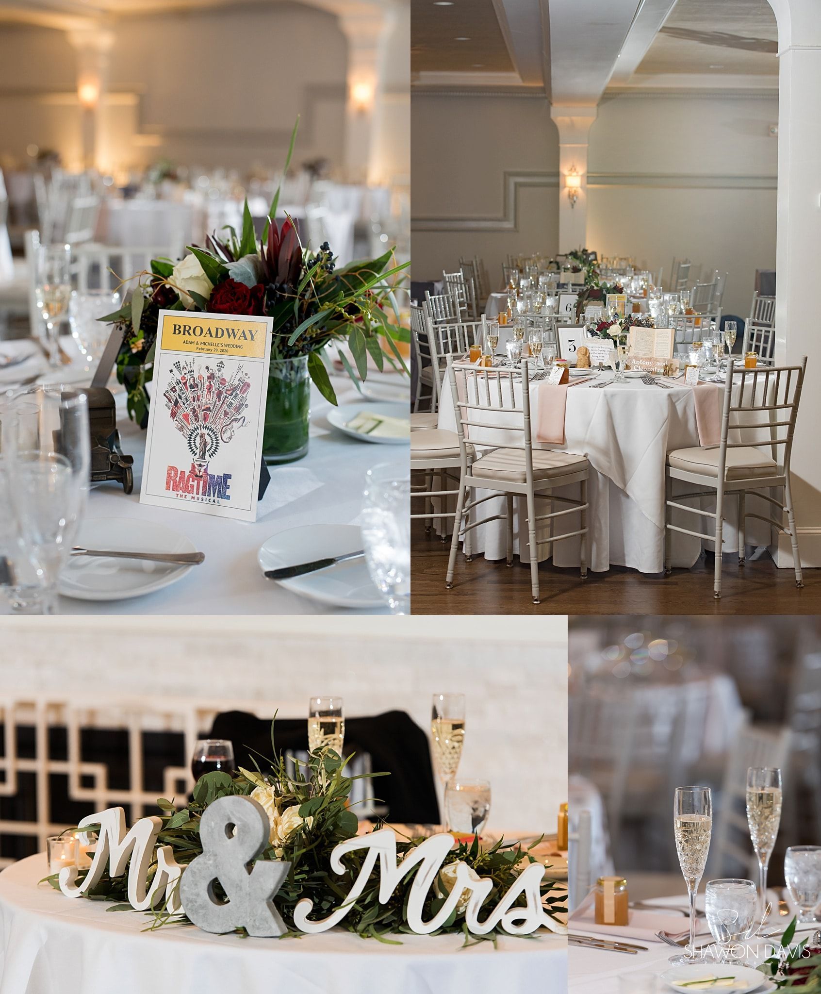 Elegant wedding reception tables with white decor, candles, glassware, and “Mr & Mrs” centerpiece
