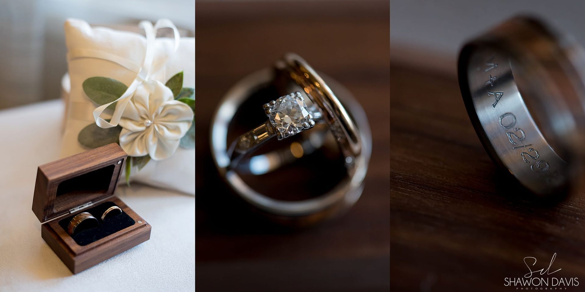 Three wedding ring photos: open box, gold engagement ring, and matte band on wood surface