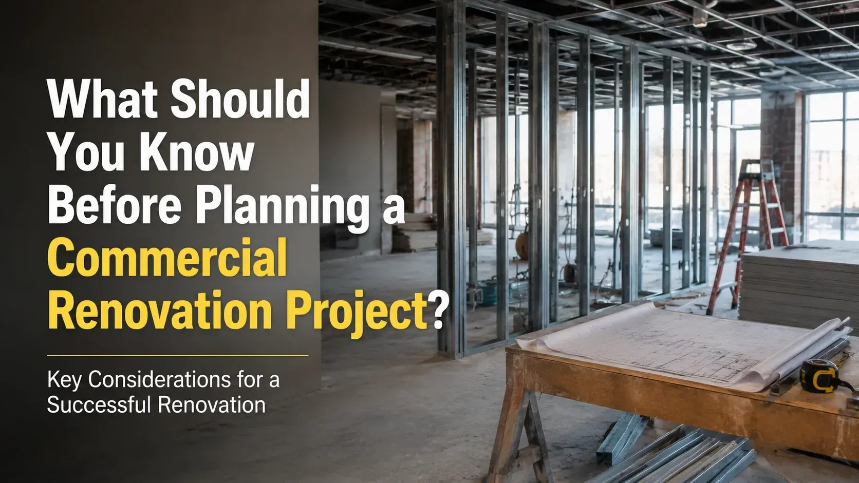 Construction plans and blueprints spread out on a rustic wooden table with a tape measure, detailing the layout and design of a modern Commercial Renovation Project.