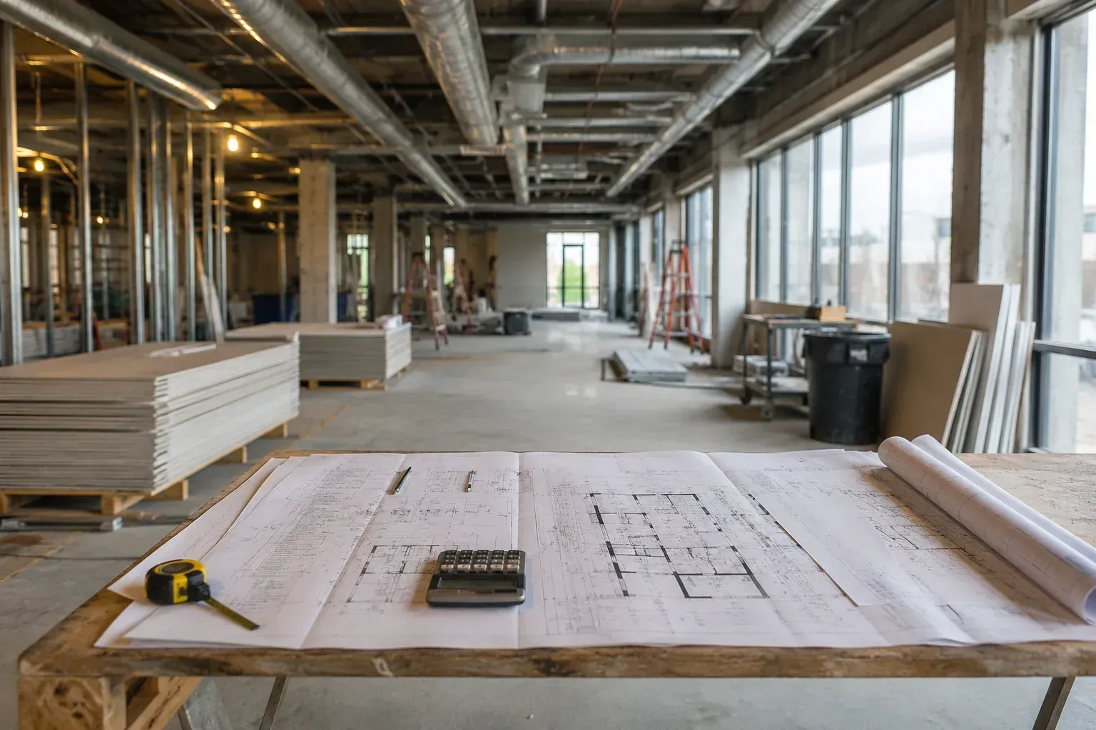A Commercial Renovation Project blueprint on a worktable.