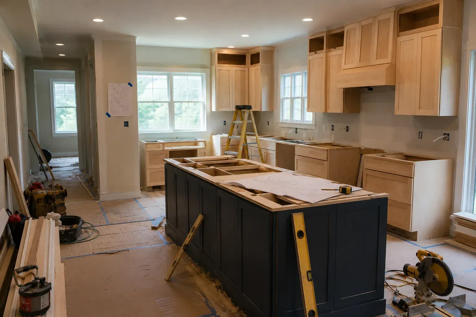 Work-in-progress kitchen remodel cost breakdown visualization featuring cabinet installation and island.