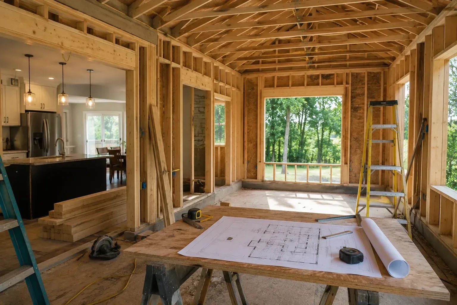 Unfinished home addition under construction with wood framing, a step ladder, and house plans.