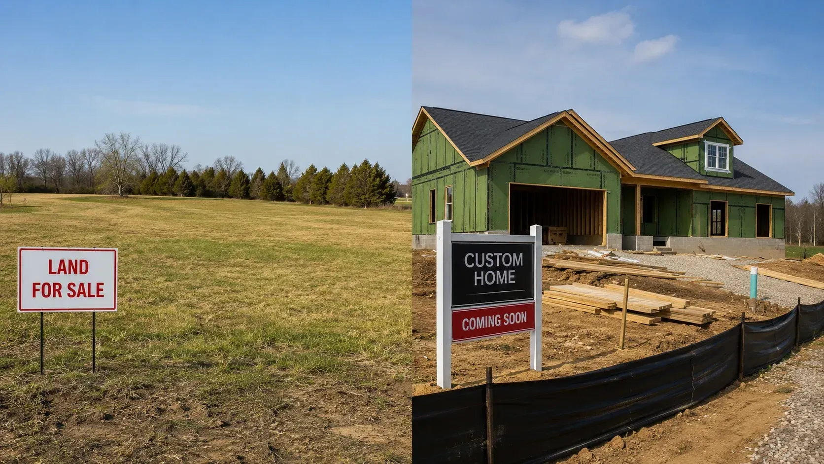 A split image comparing a vacant plot of land for sale on the left with a custom home under construction on the right, illustrating buying land vs. already owning land: what changes when building a custom home in Mid-Missouri?