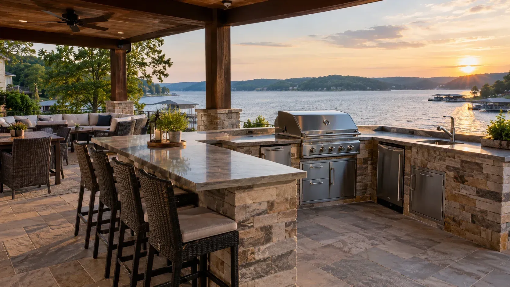 Custom stone built-in grill and breakfast bar on a covered patio overlooking the ocean.