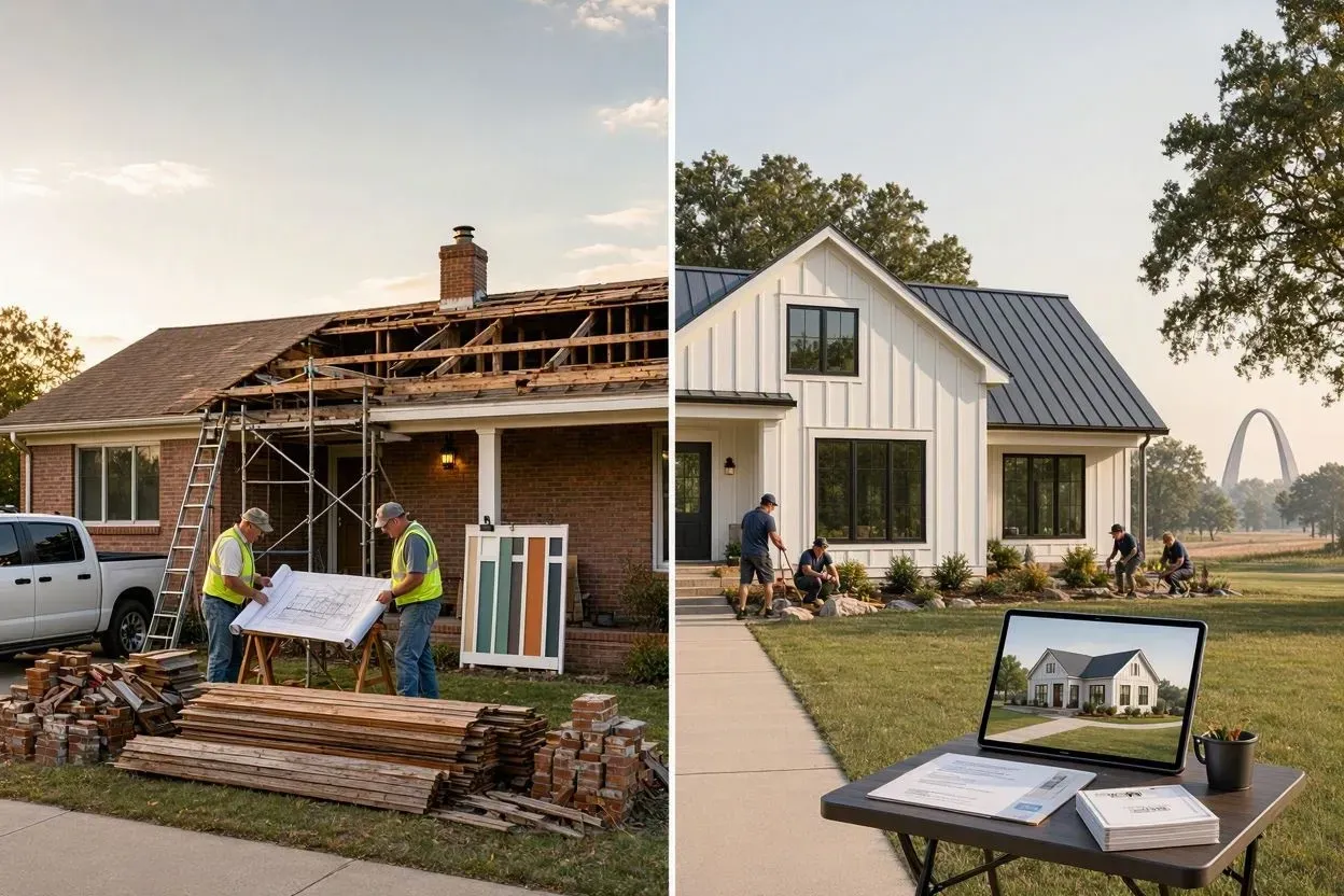 Split-view home renovation: damaged house under repair beside a finished white home with a laptop on a lawn table