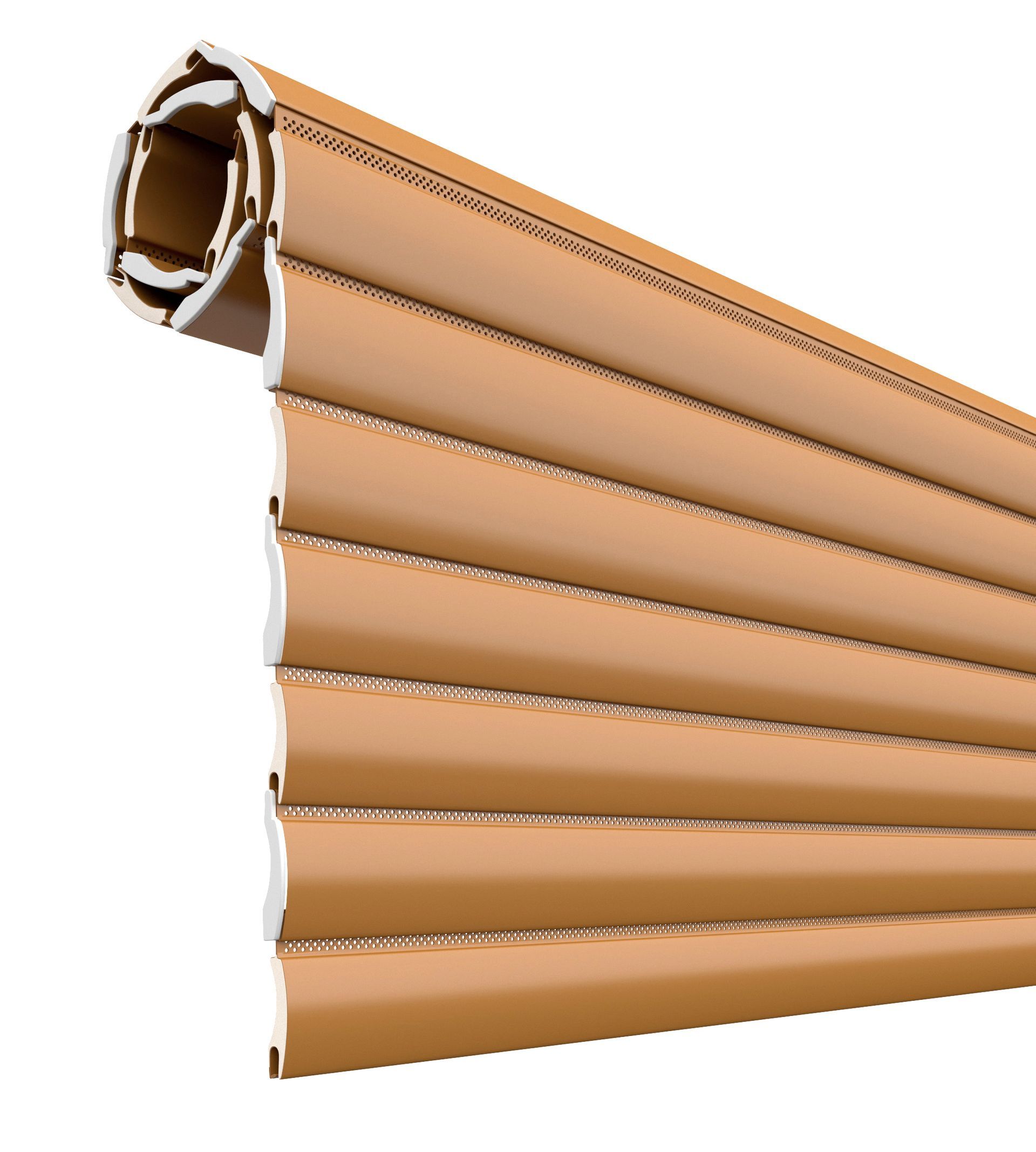 Tende plissettate beige, parzialmente arrotolate.