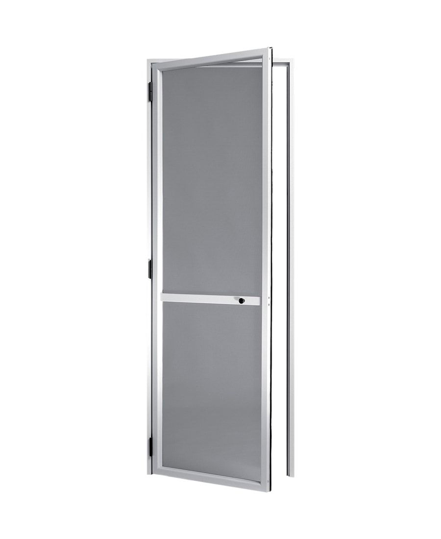 Porta a vetri aperta con zanzariera argentata su sfondo bianco.