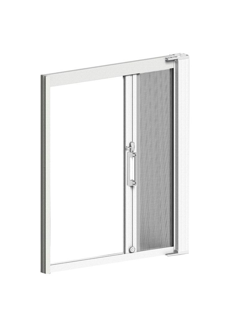 Porta scorrevole bianca. La zanzariera è parzialmente chiusa e dotata di maniglia.