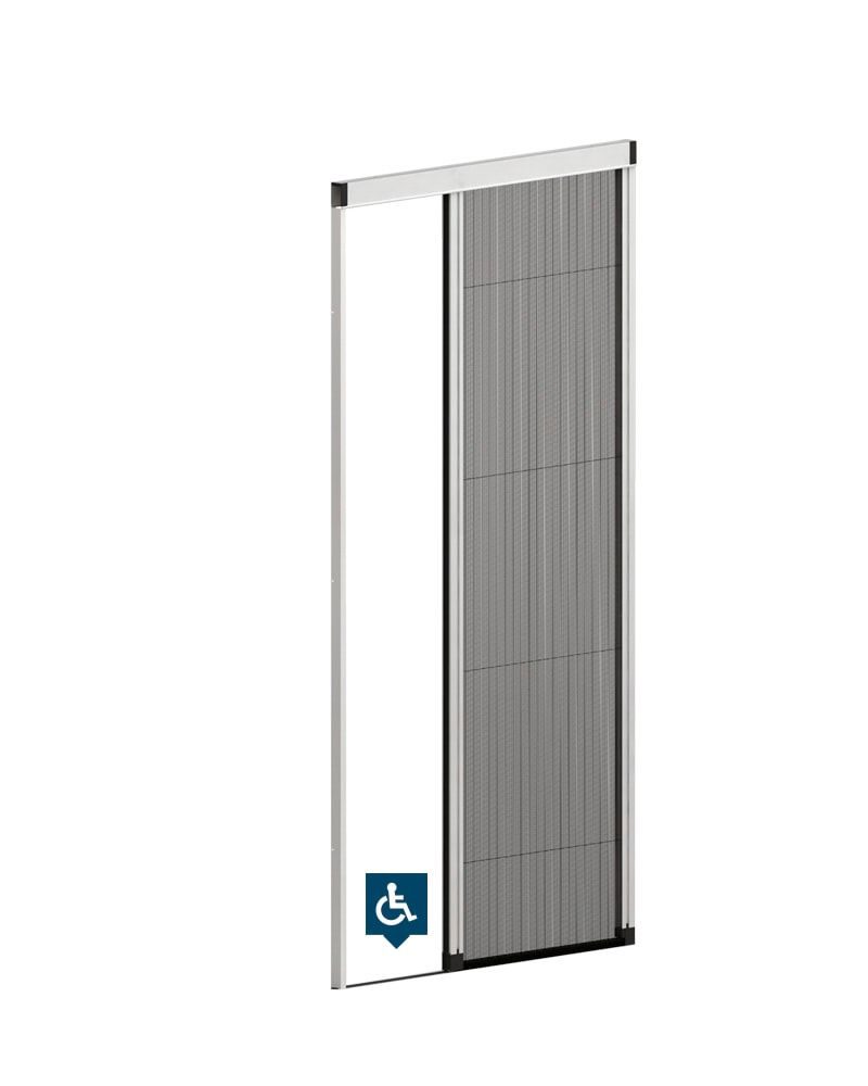 Una porta a zanzariera retrattile con simbolo di accessibilità.