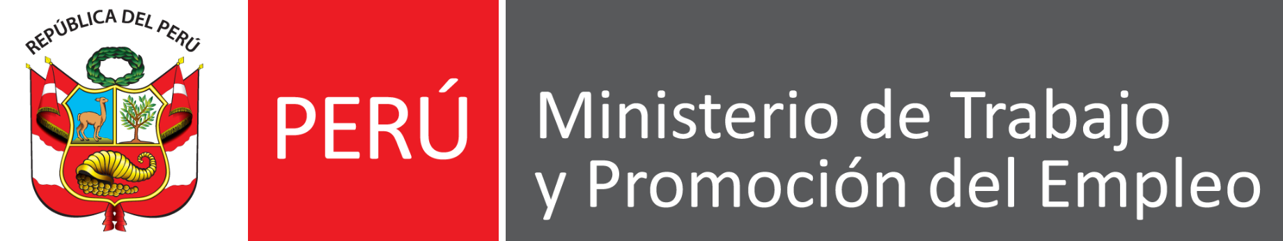 Logo del Ministerio de Trabajo y Promoción del Empleo de Perú, con escudo y fondo rojo y gris.
