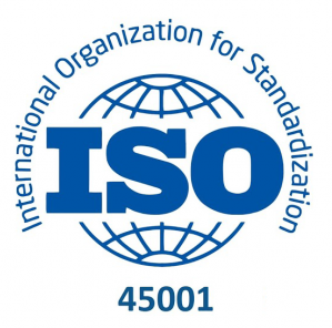 Logotipo ISO 45001: azul y blanco, globo terráqueo con el texto