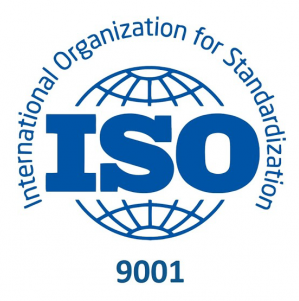 Marca de certificación de gestión de calidad ISO 9001. Diseño de globo terráqueo azul y blanco con el texto