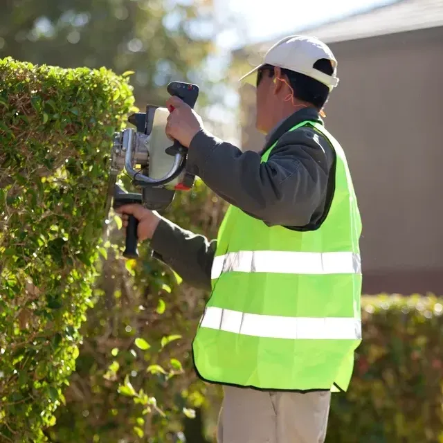 A man in a green vest is cutting a hedge