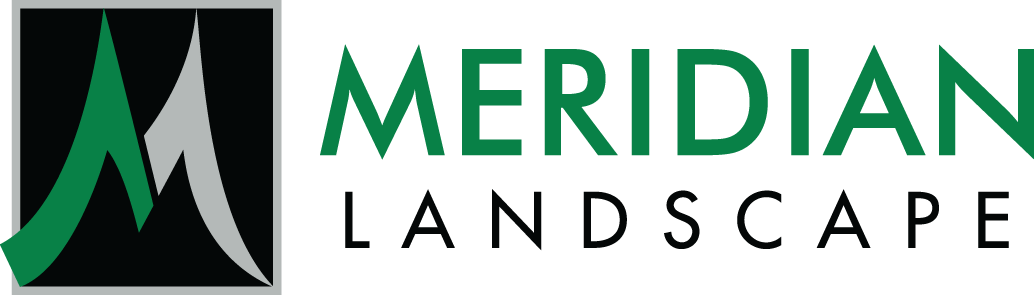 A logo for meridian landscape with a green mountain in the middle.