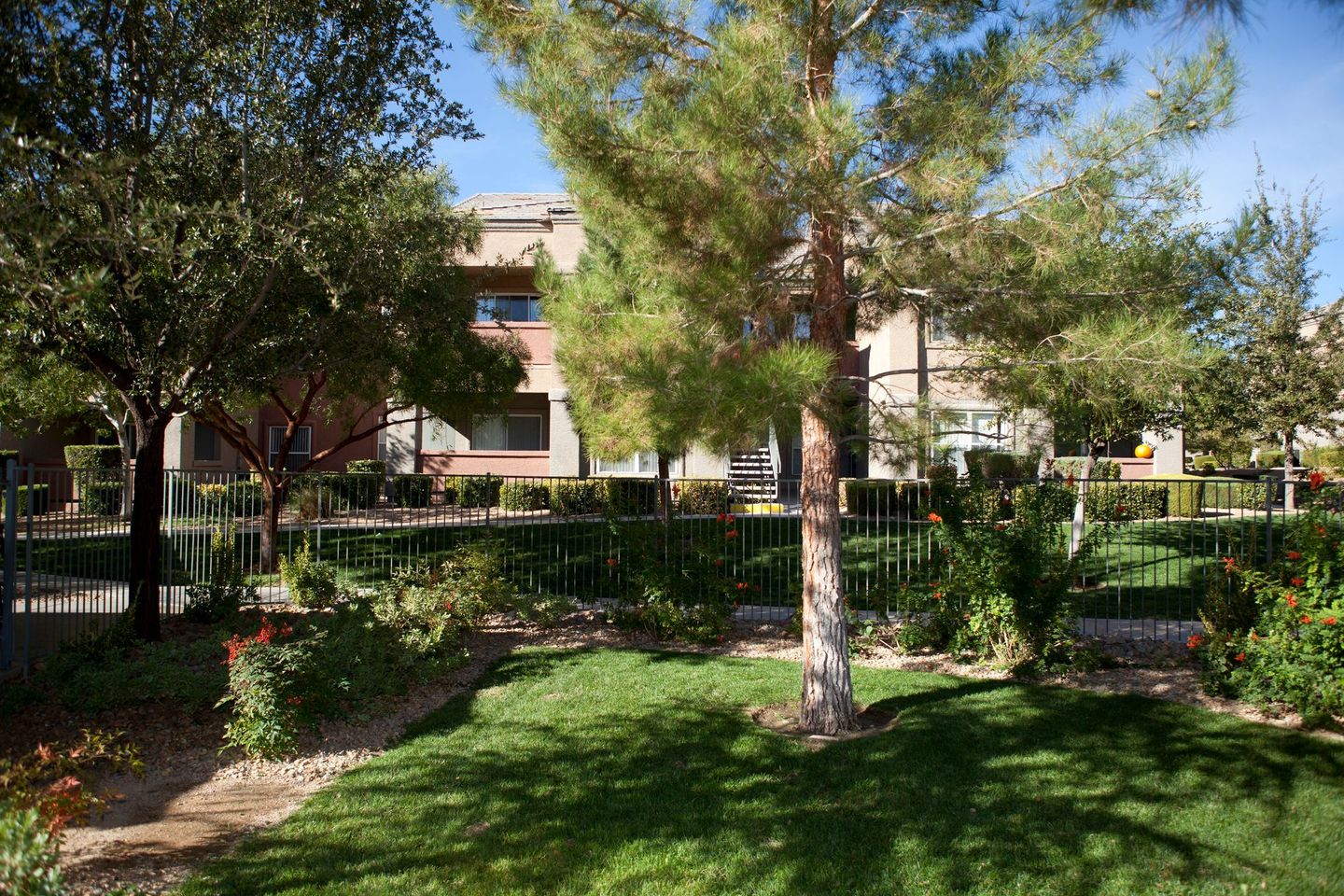 A lush green park with trees and bushes in front of a building.