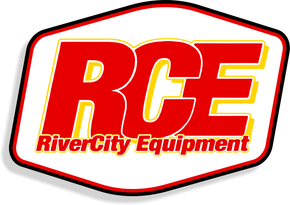A red and white logo for river city equipment