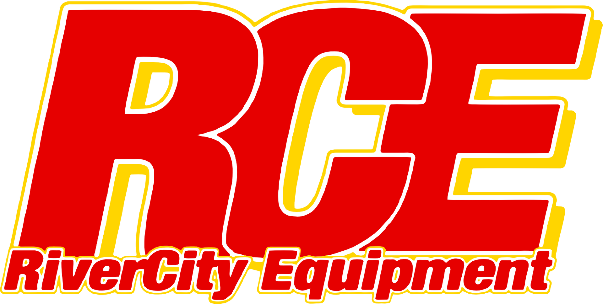 The logo for river city equipment is red and yellow.