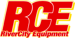 The logo for river city equipment is red and yellow.