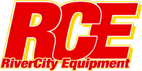 The logo for river city equipment is red and yellow.