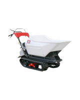 A white dump truck with tracks on a white background.